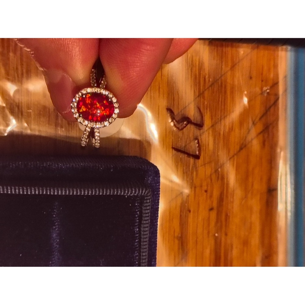 925 Sterling Silver Red Orange Fire Opal Halo Split Shank CZ Ring Size 9